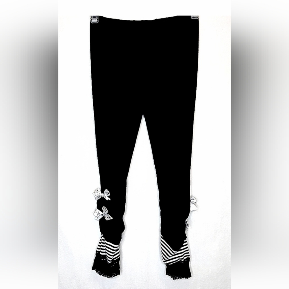 LEGGINGS Black, White Stripes, Lace Ankles, Bows